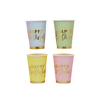 Blue green yellow pink happy birthday cups with gold text for birthday from Parte Haus party supply store in Bethesda MD