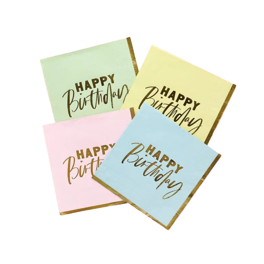 Pastel birthday napkins with gold lettering for birthday celebration from Parte Haus party supply store in Bethesda MD
