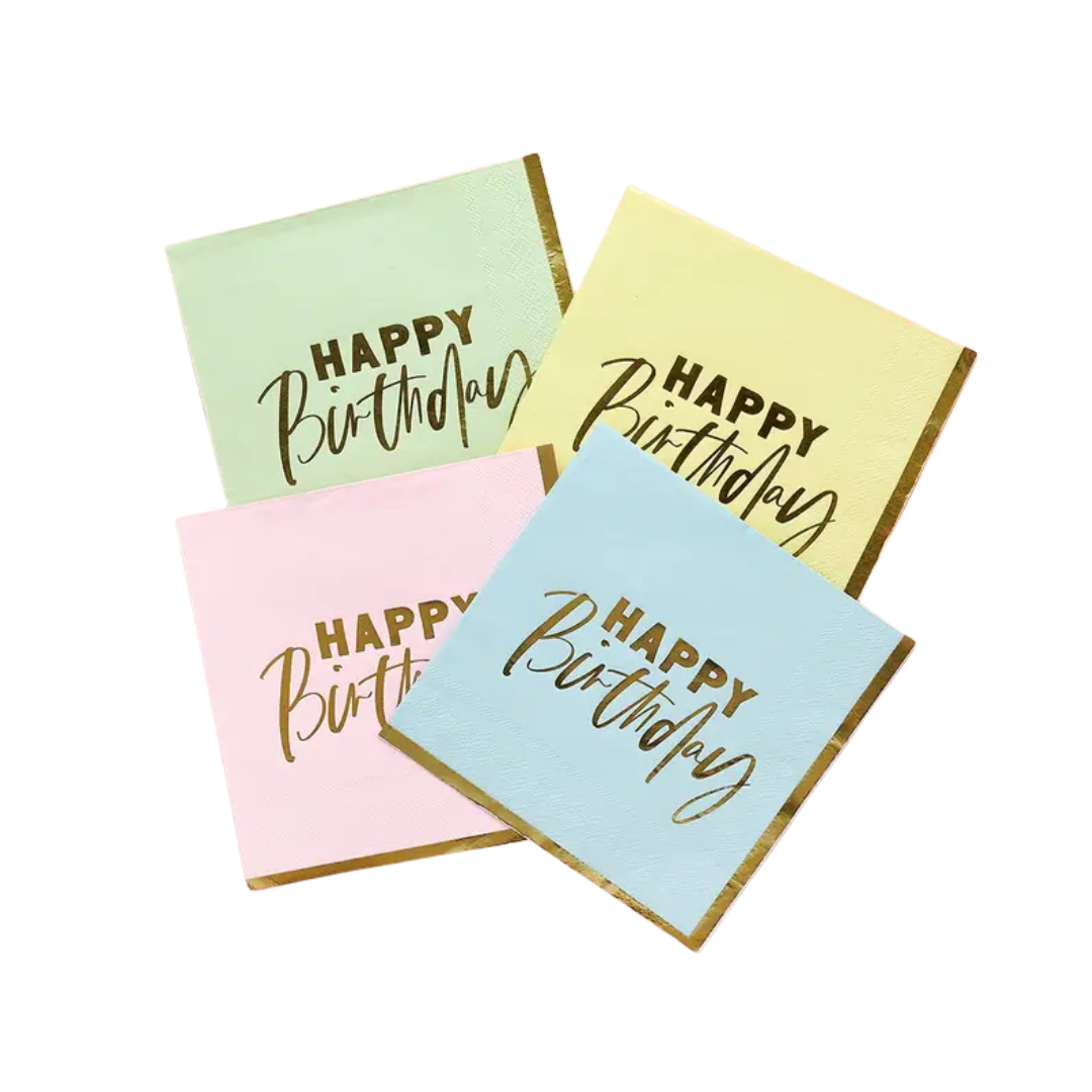 Pastel birthday napkins with gold lettering for birthday celebration from Parte Haus party supply store in Bethesda MD