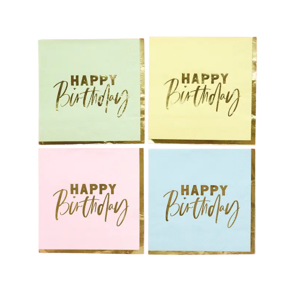 Pastel birthday napkins with gold foil lettering birthday theme from Parte Haus party supply store in Bethesda MD