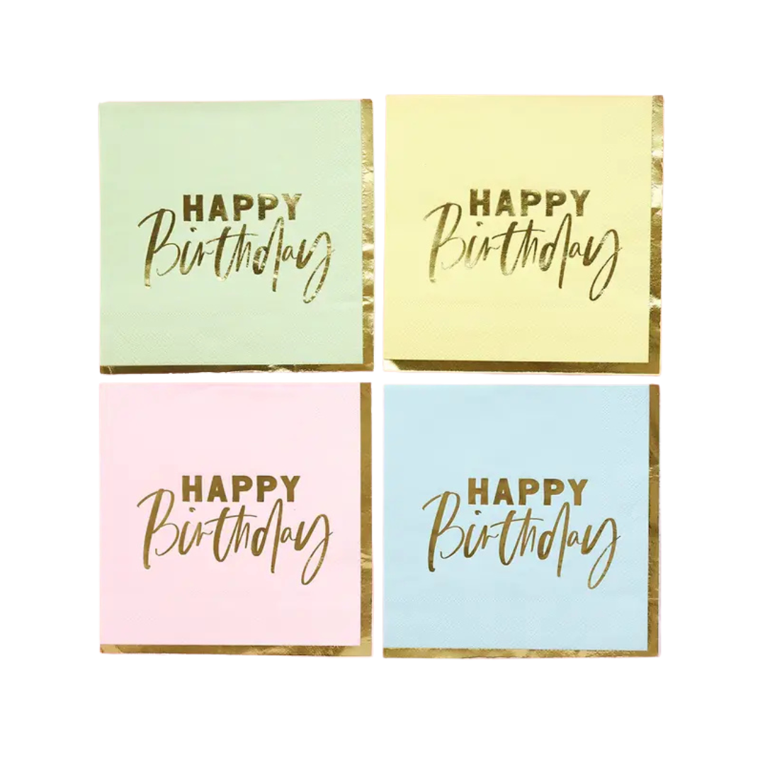 Pastel birthday napkins with gold foil lettering birthday theme from Parte Haus party supply store in Bethesda MD