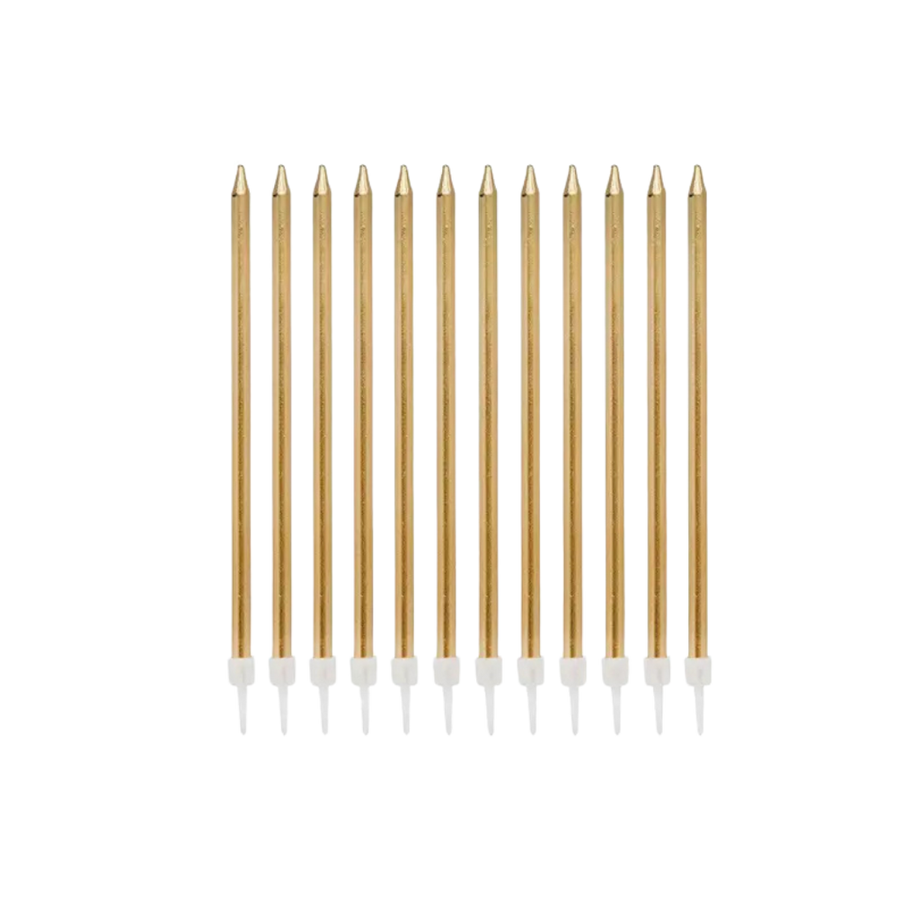 Gold birthday candles with white bases elegant cake decor from Parte Haus party supply store in Bethesda MD