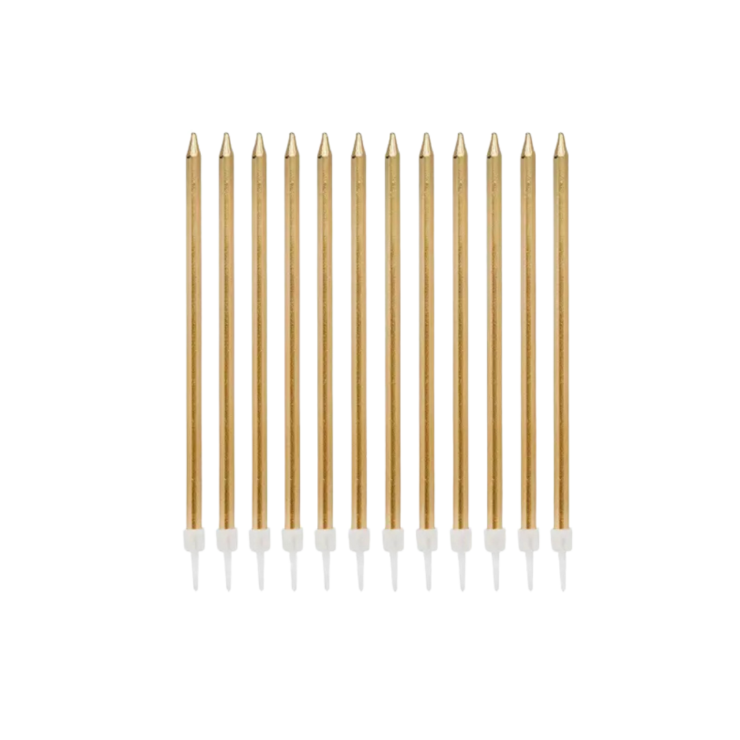 Gold birthday candles with white bases elegant cake decor from Parte Haus party supply store in Bethesda MD