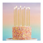Gold tall birthday candles on a sprinkle cake celebration from Parte Haus party supply store in Bethesda Maryland
