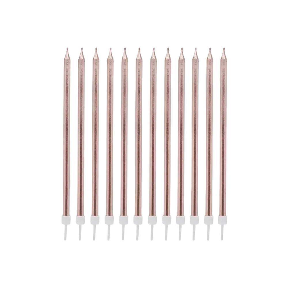 Rose gold birthday candles with pointed tops for celebration from Parte Haus party supply store in Bethesda MD