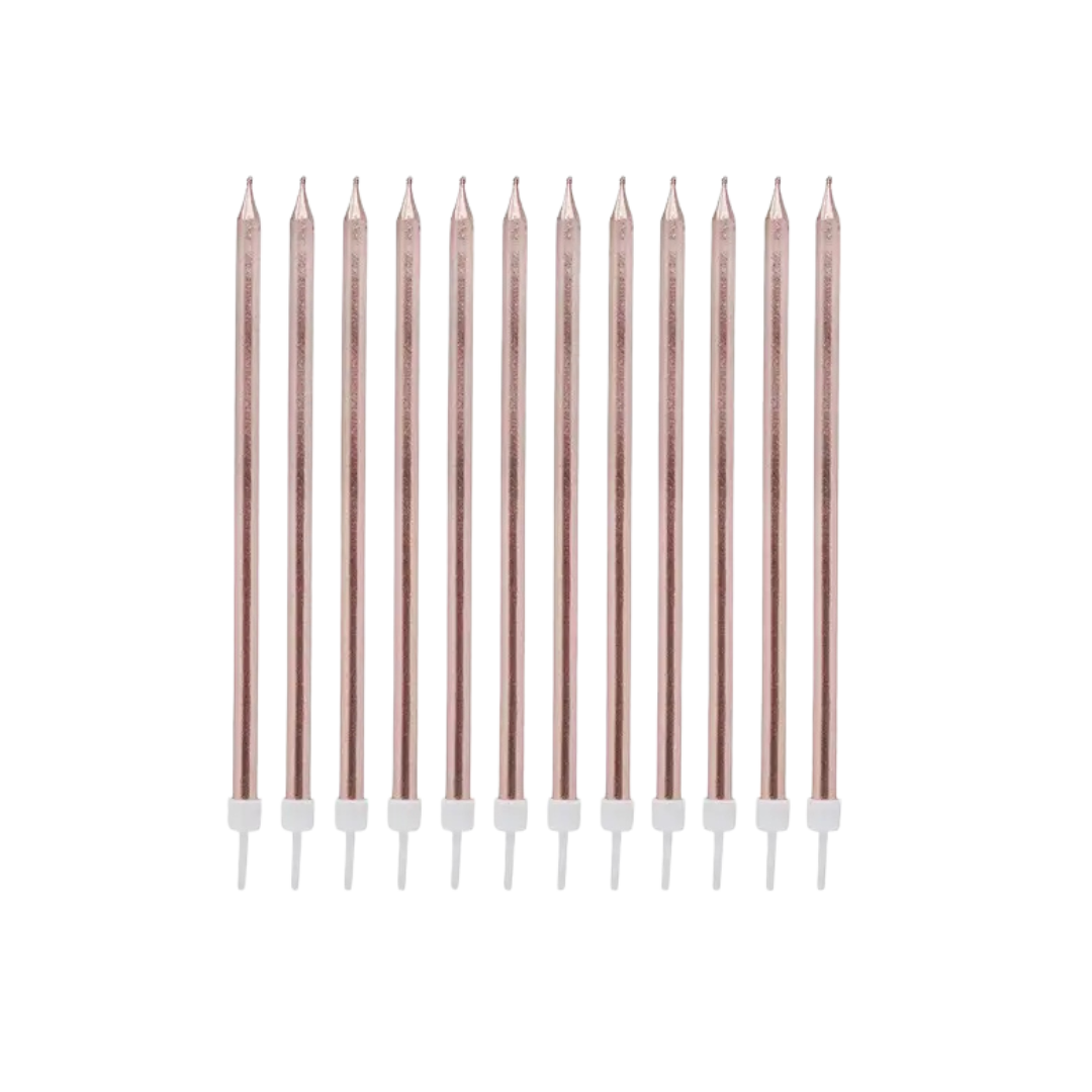 Rose gold birthday candles with pointed tops for celebration from Parte Haus party supply store in Bethesda MD