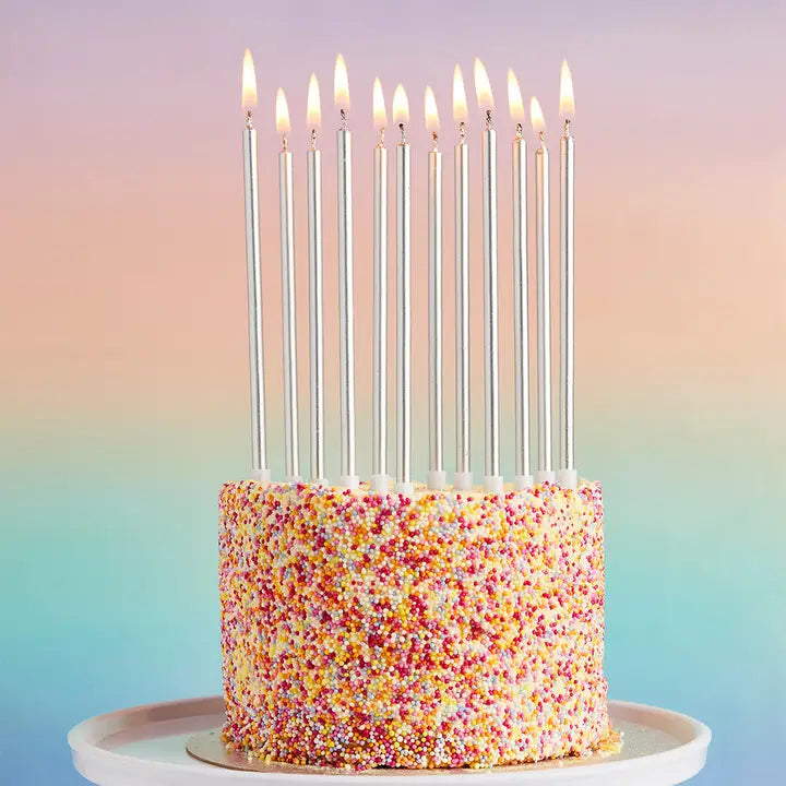 Silver birthday candles on a sprinkle cake for birthday celebration from Parte Haus party supply store in Bethesda MD
