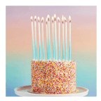 Blue tall birthday candles on rainbow sprinkle cake celebration from Parte Haus party supply store in Bethesda Maryland