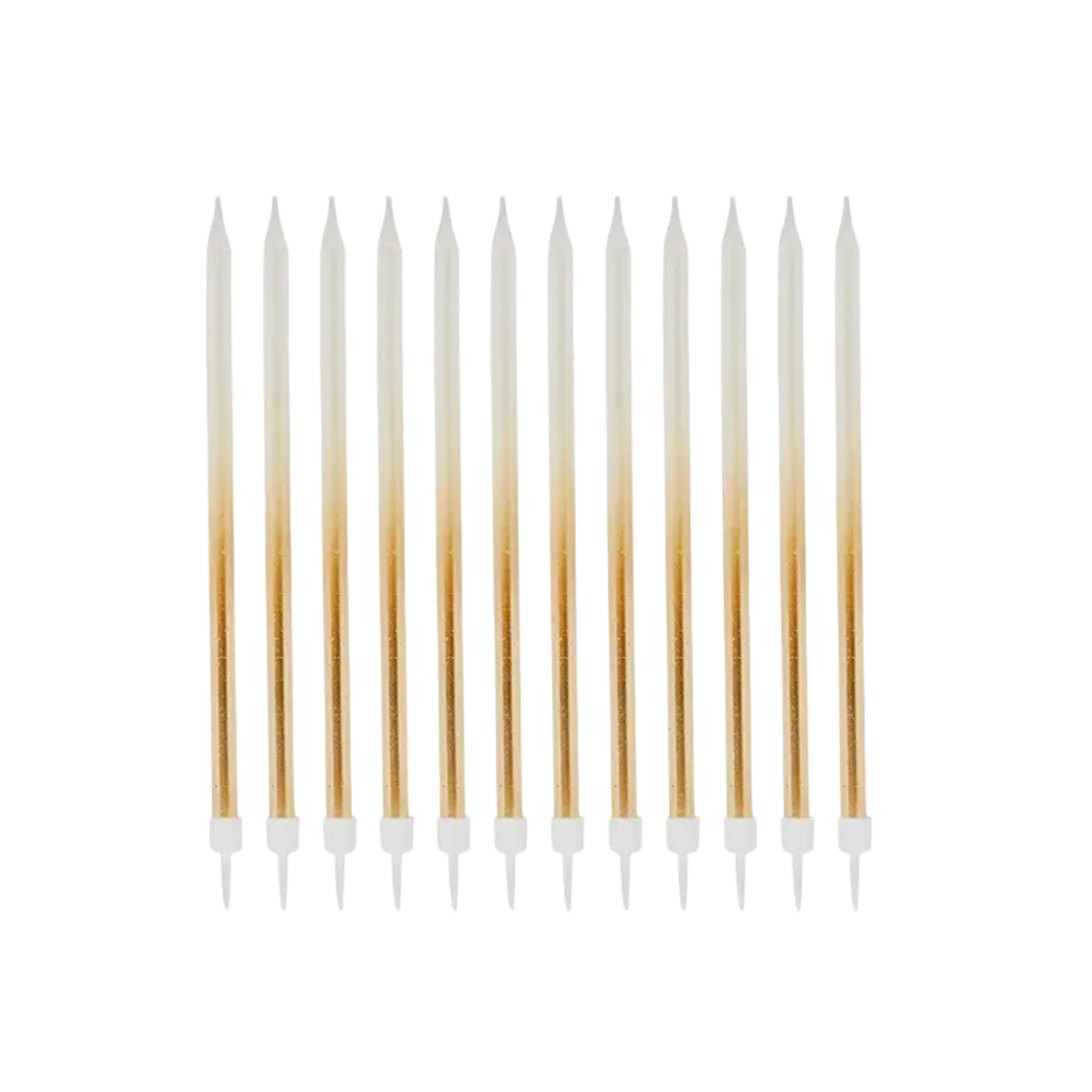 Gold ombre birthday candles set tall slim for celebration from Parte Haus party supply store in Bethesda Maryland
