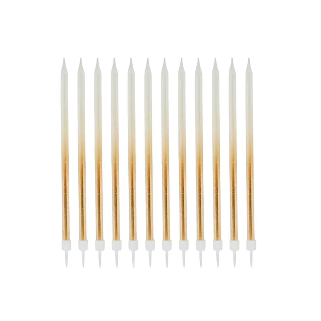 Gold ombre birthday candles set tall slim for celebration from Parte Haus party supply store in Bethesda Maryland