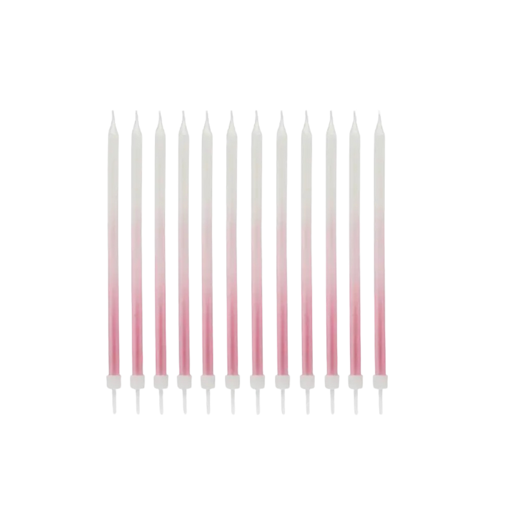 Pink ombre birthday candles tall and slim for birthday from Parte Haus party supply store in Bethesda Maryland