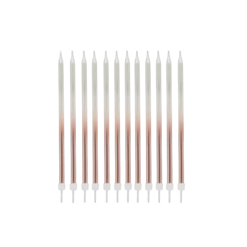 rose gold birthday candles elegant tall slim style celebration decor from Parte Haus party supply store in Bethesda MD