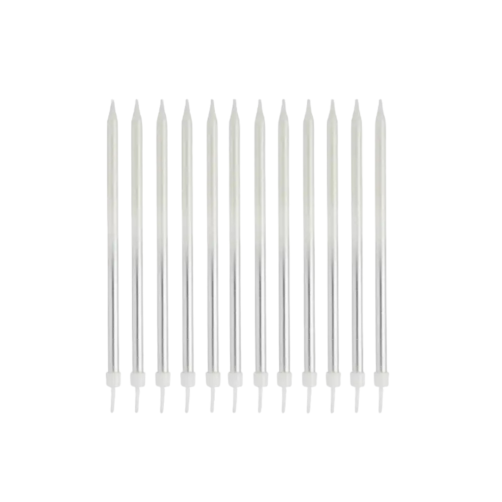 Silver birthday candles slim and elegant for celebrations from Parte Haus party supply store in Bethesda Maryland