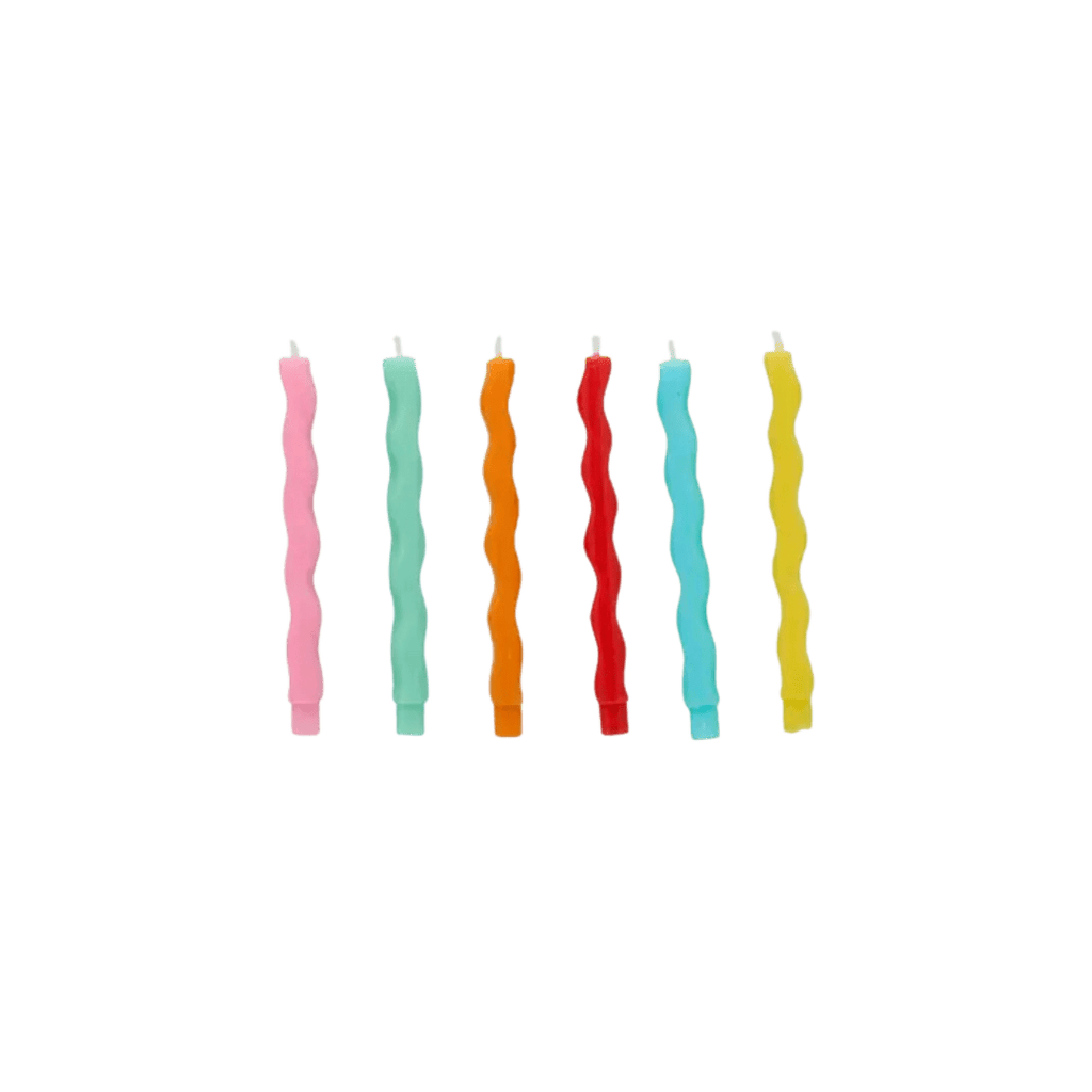 Multicolor wavy birthday candles spiral design for celebrations from Parte Haus party supply store in Bethesda Maryland