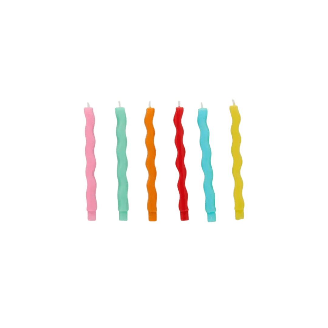 Multicolor wavy birthday candles spiral design for celebrations from Parte Haus party supply store in Bethesda Maryland