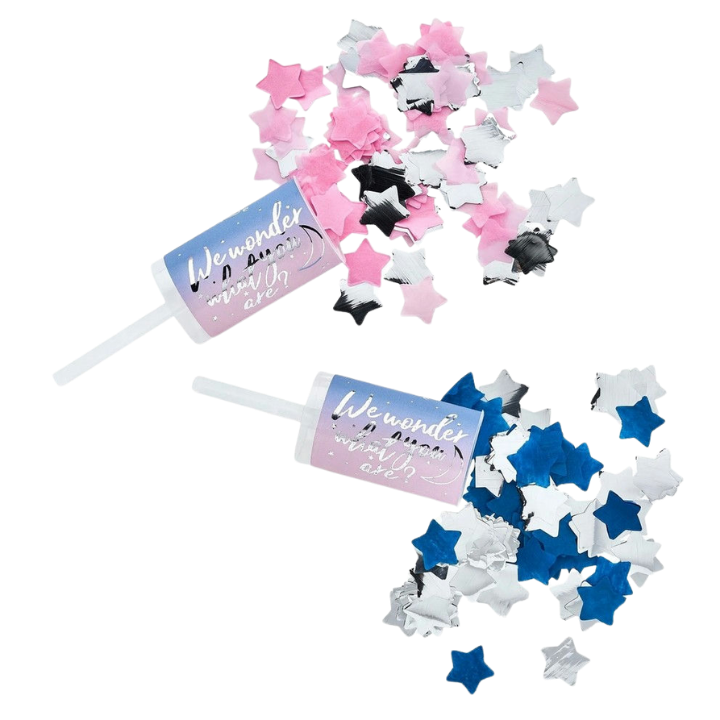 Pink blue silver star confetti poppers for gender reveal from Parte Haus party supply store in Bethesda Maryland