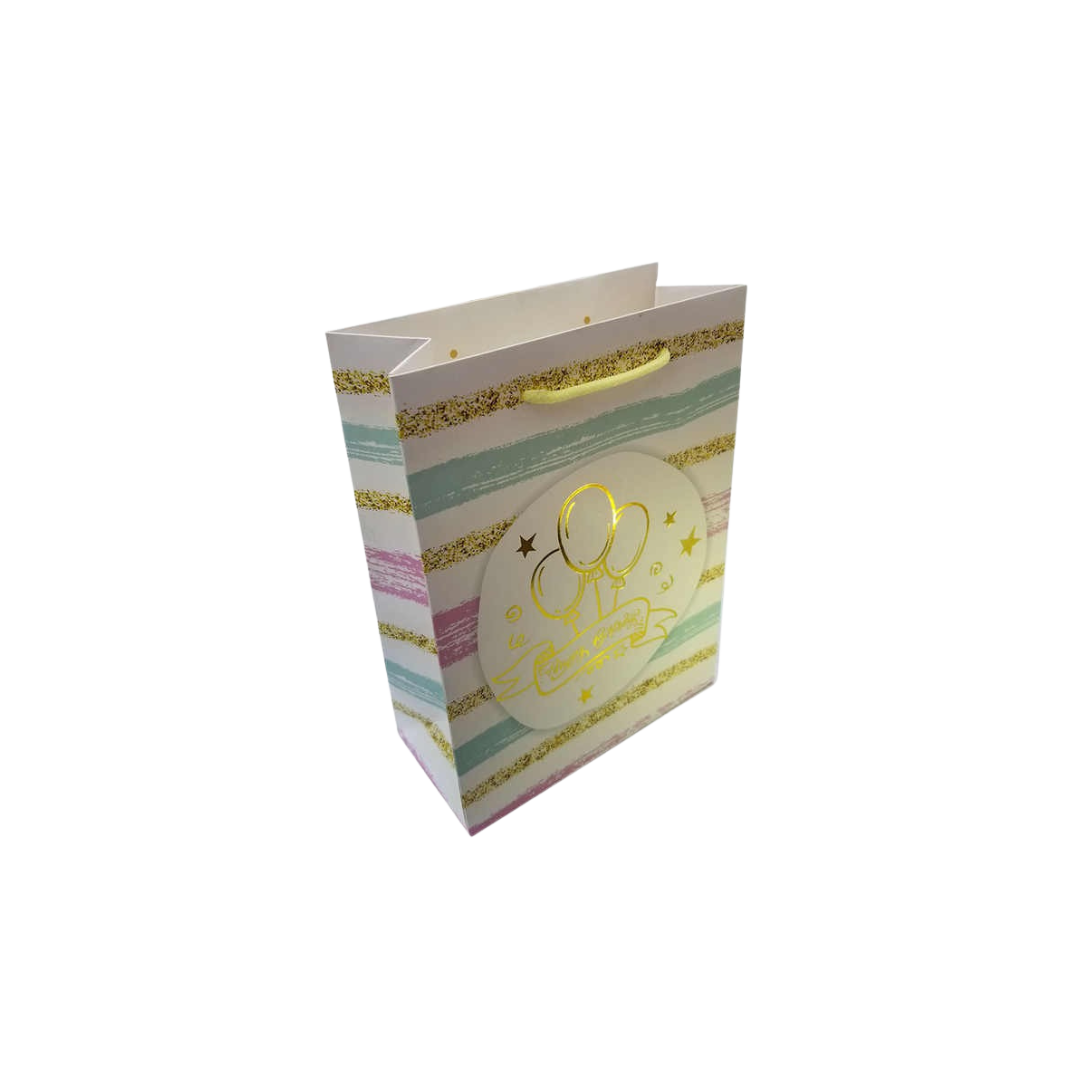 Pastel gold birthday gift bag with balloon design birthday theme from Parte Haus party supply store in Bethesda MD