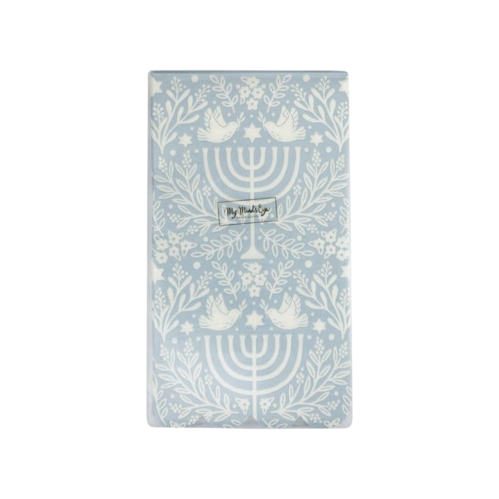 Blue Hanukkah napkin with menorah and dove design Hanukkah from Parte Haus party supply store in Bethesda Maryland