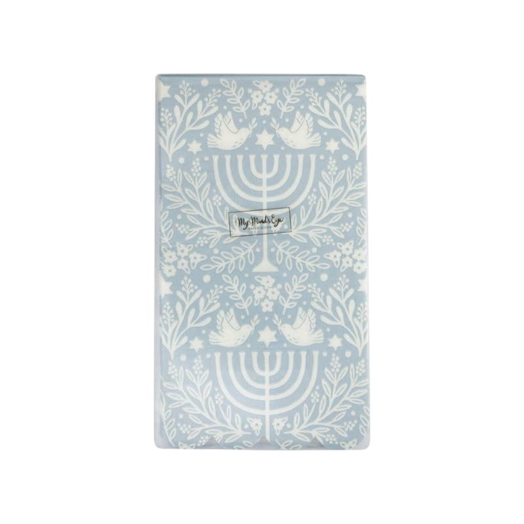 Blue Hanukkah napkin with menorah and dove design Hanukkah from Parte Haus party supply store in Bethesda Maryland