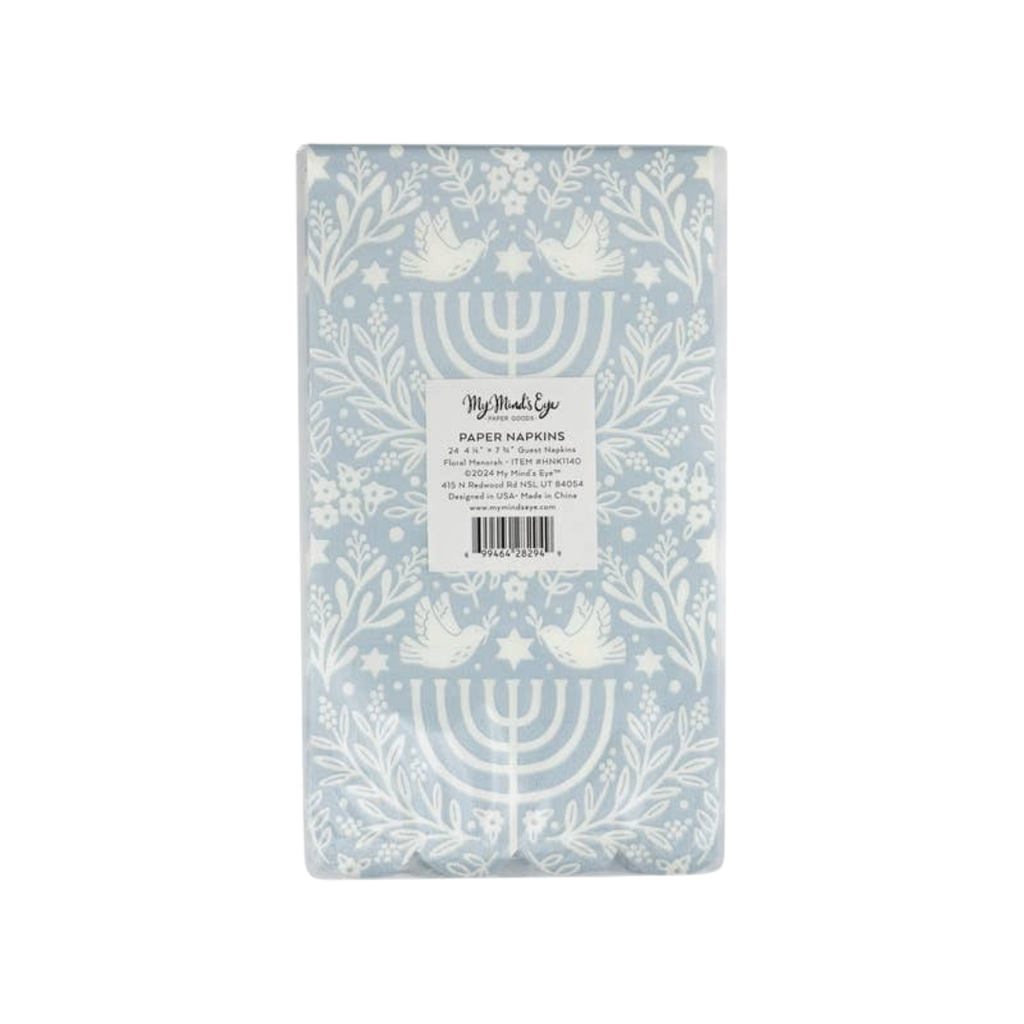 Blue Hanukkah paper napkins with menorah and dove design for Hanukkah from Parte Haus party supply store in Bethesda MD