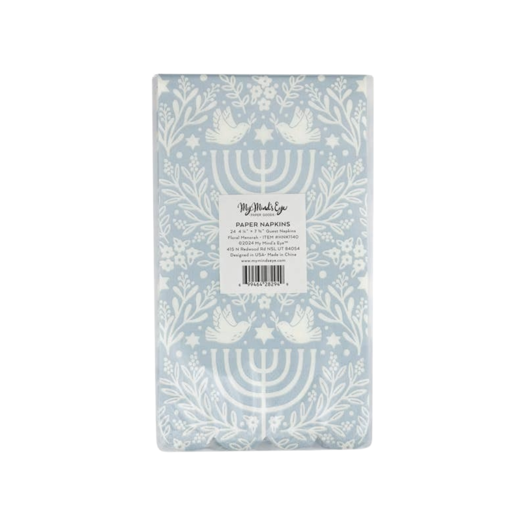 Blue Hanukkah paper napkins with menorah and dove design for Hanukkah from Parte Haus party supply store in Bethesda MD