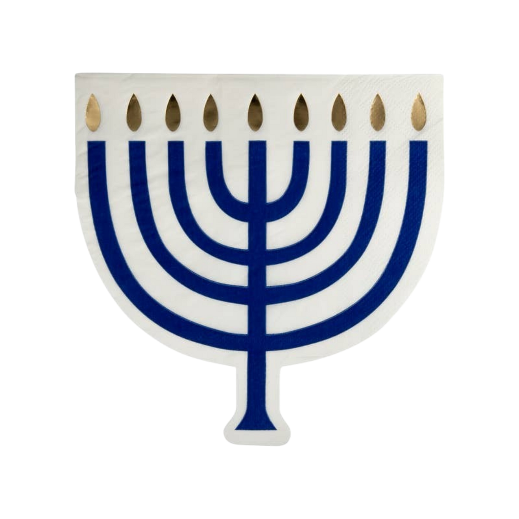 Blue and white menorah napkin for Hanukkah from Parte Haus party supply store in Bethesda Maryland
