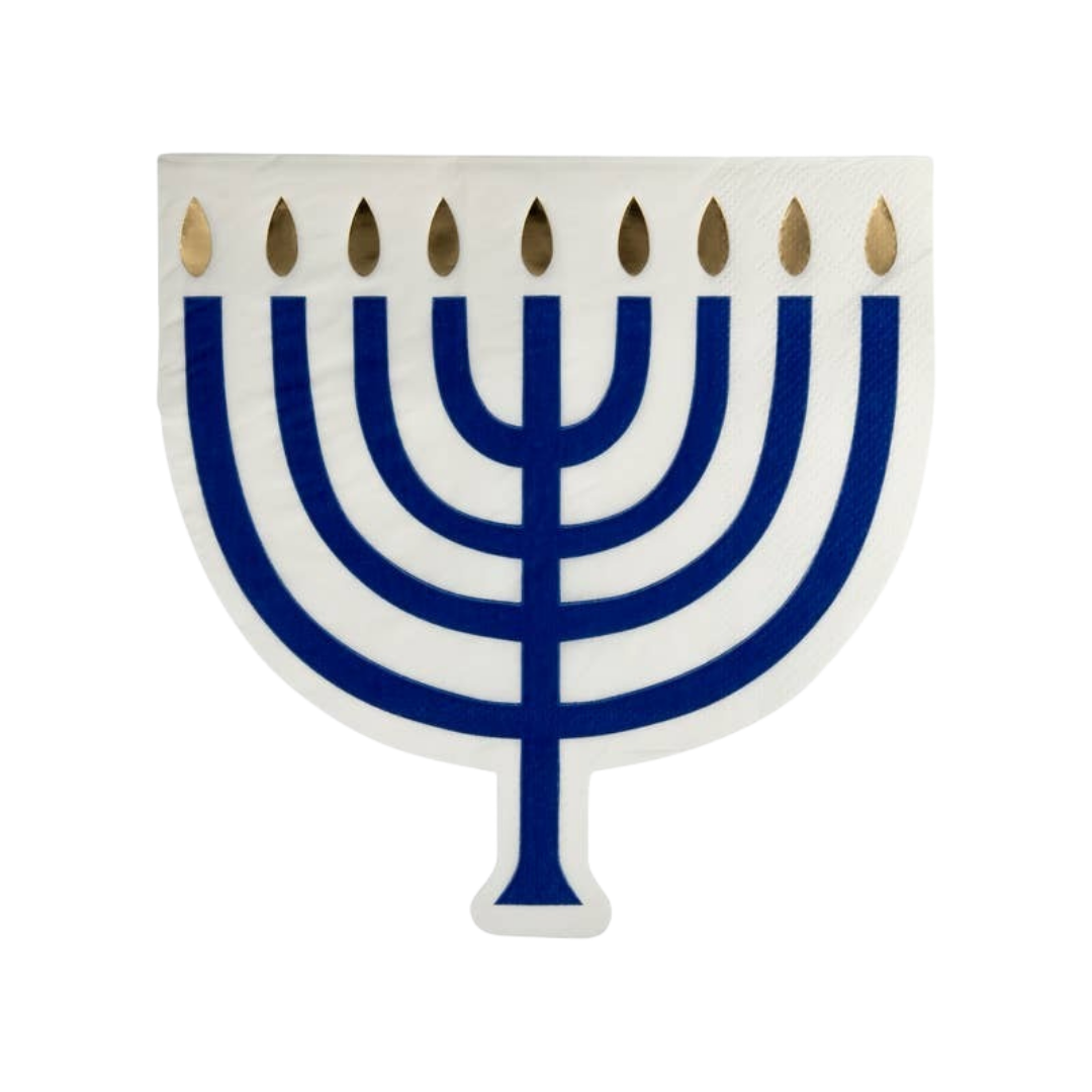 Blue and white menorah napkin for Hanukkah from Parte Haus party supply store in Bethesda Maryland