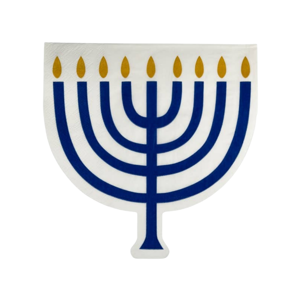 Blue and gold menorah napkin shaped like a menorah for Hanukkah from Parte Haus party supply store in Bethesda MD