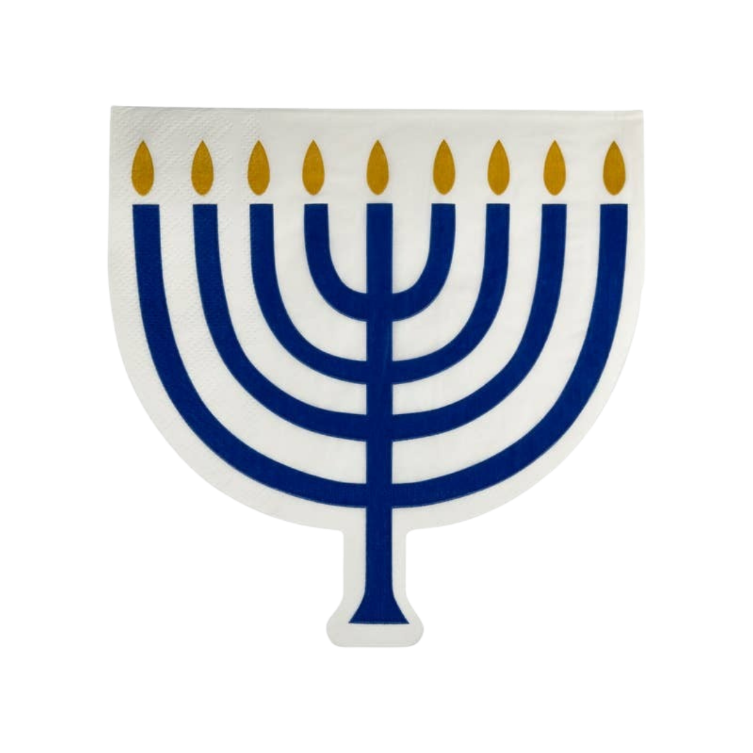 Blue and gold menorah napkin shaped like a menorah for Hanukkah from Parte Haus party supply store in Bethesda MD