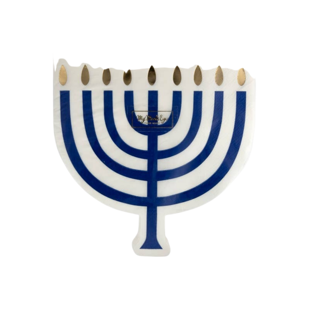 Blue and white menorah shaped plate Hanukkah theme from Parte Haus party supply store in Bethesda Maryland