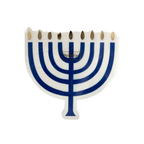 Blue and white menorah shaped plate Hanukkah theme from Parte Haus party supply store in Bethesda Maryland