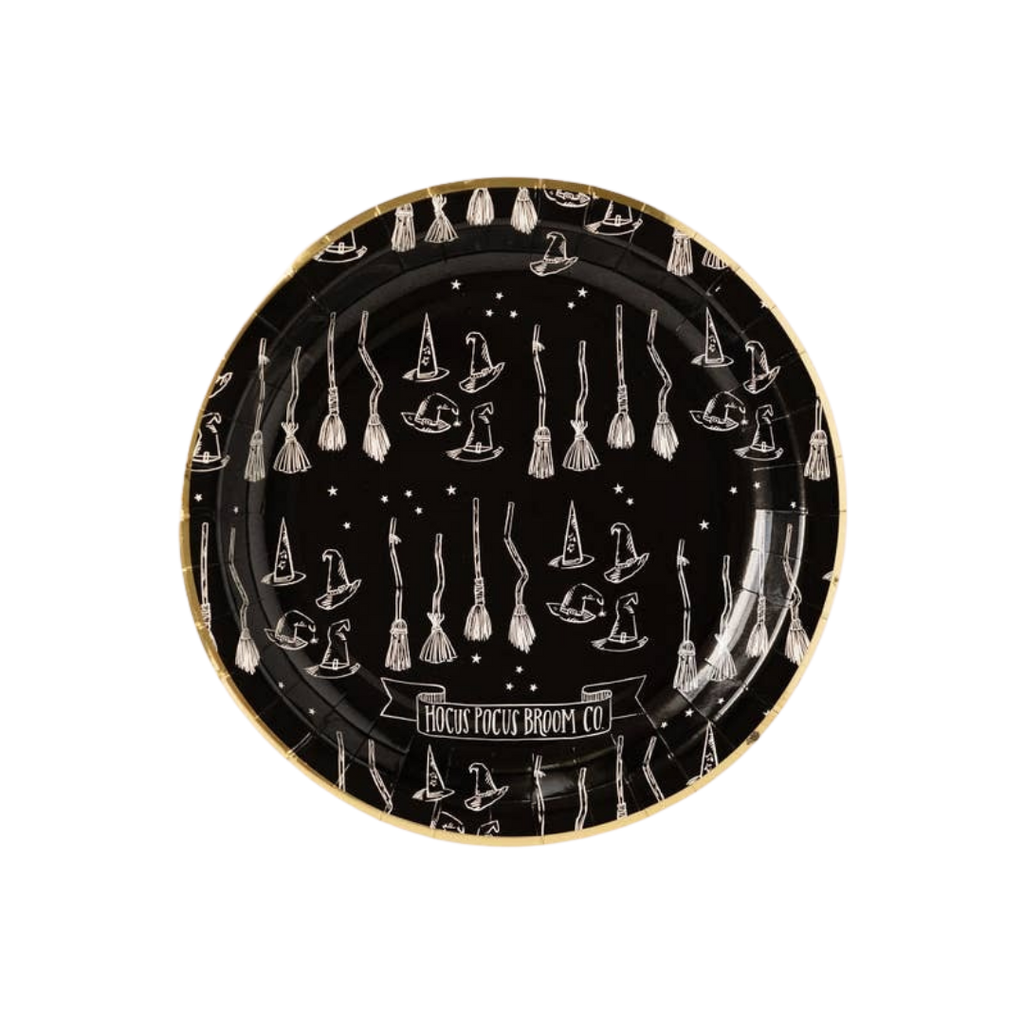 Black Halloween paper plate with witch hat and broom art from Parte Haus party supply store in Bethesda Maryland
