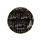 Black Halloween paper plate with witch hat and broom art from Parte Haus party supply store in Bethesda Maryland