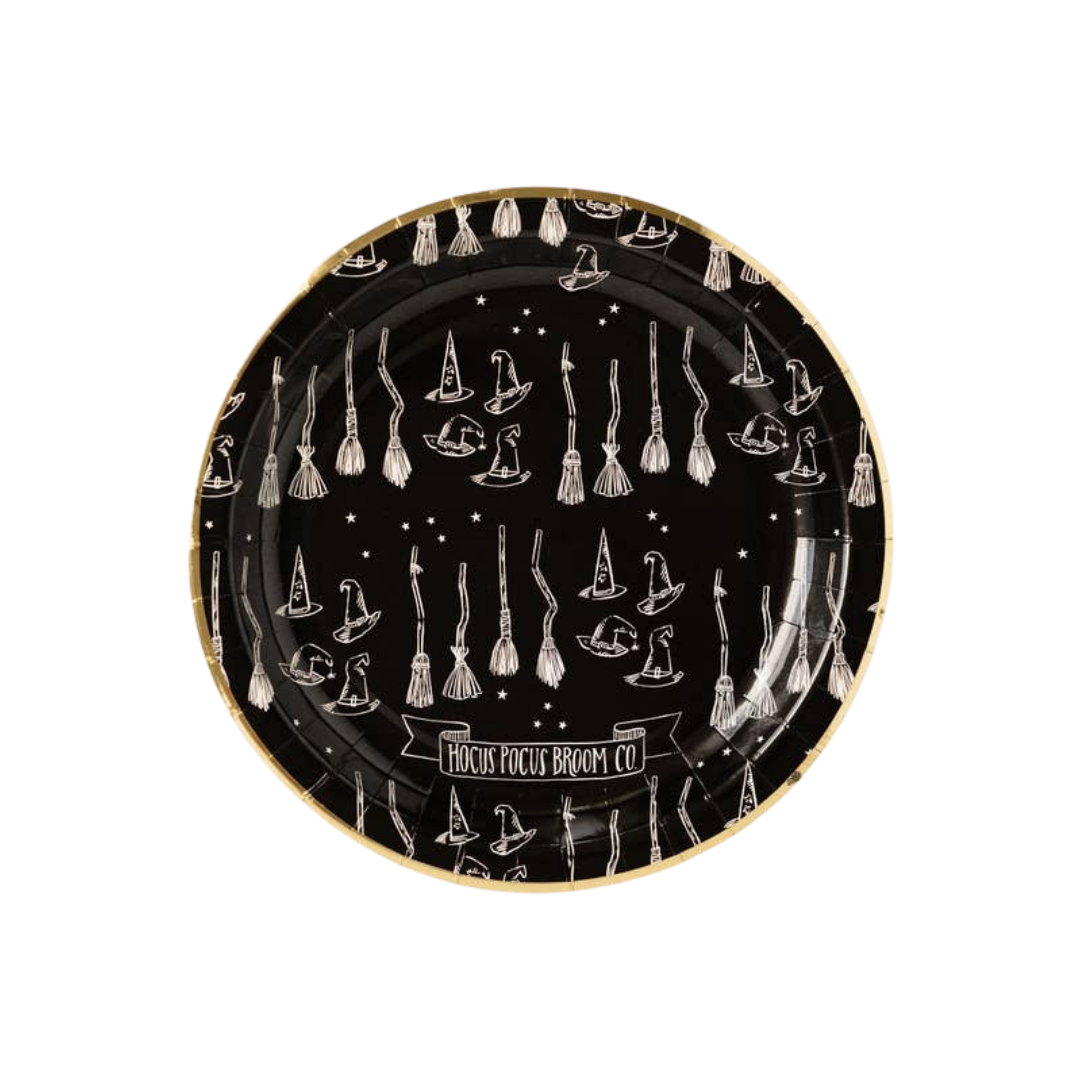 Black Halloween paper plate with witch hat and broom art from Parte Haus party supply store in Bethesda Maryland