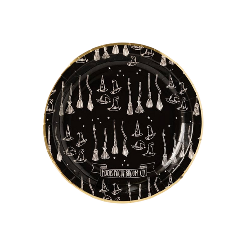 Black Halloween paper plate with witch hat and broom art from Parte Haus party supply store in Bethesda Maryland
