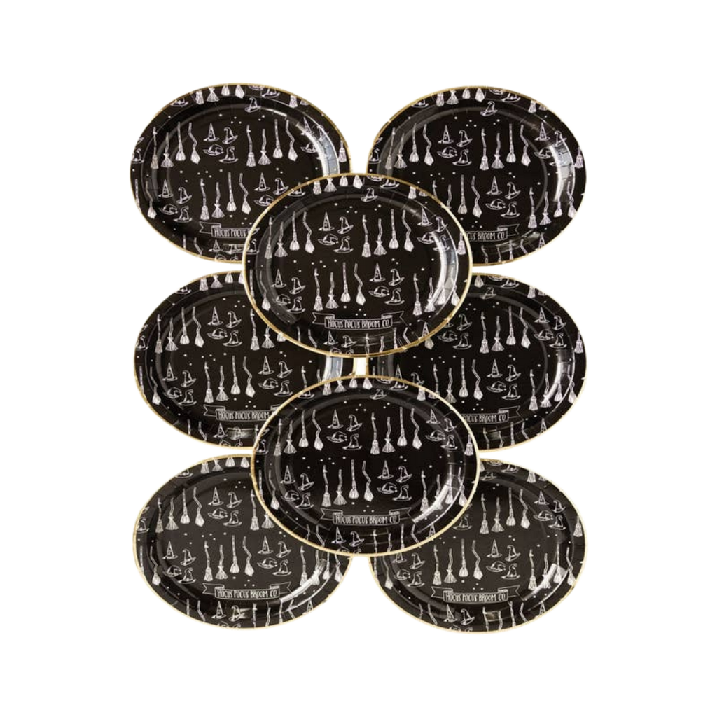 Black Halloween plates with witch and broomstick designs spooky theme from Parte Haus party supply store in Bethesda MD