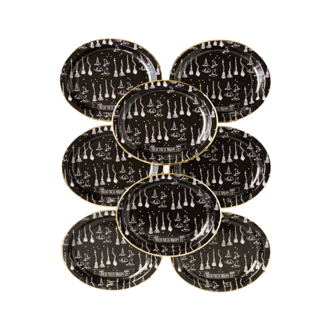 Black Halloween plates with witch and broomstick designs spooky theme from Parte Haus party supply store in Bethesda MD