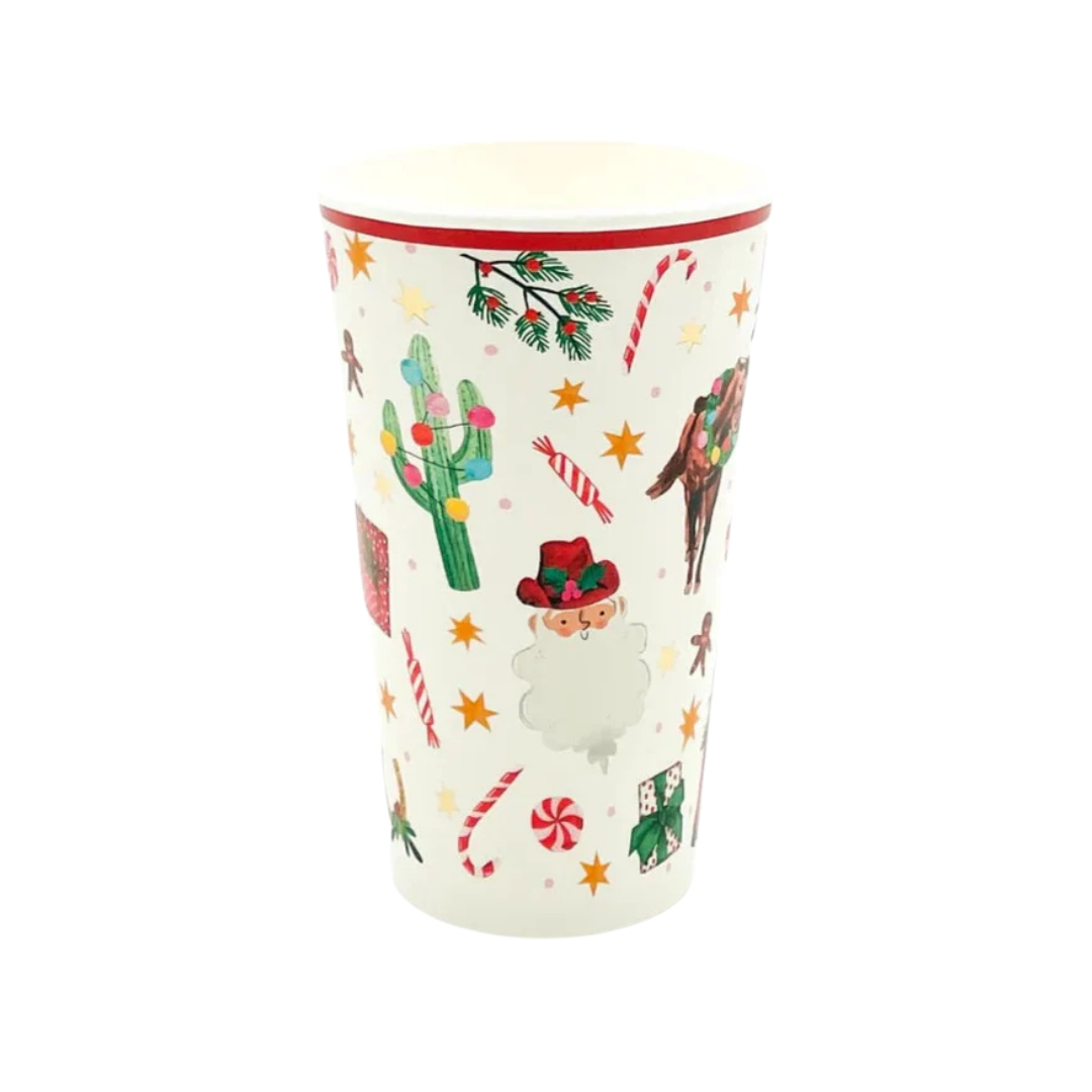 White Christmas themed paper cup with Santa cactus and holiday icons from Parte Haus party supply store in Bethesda MD