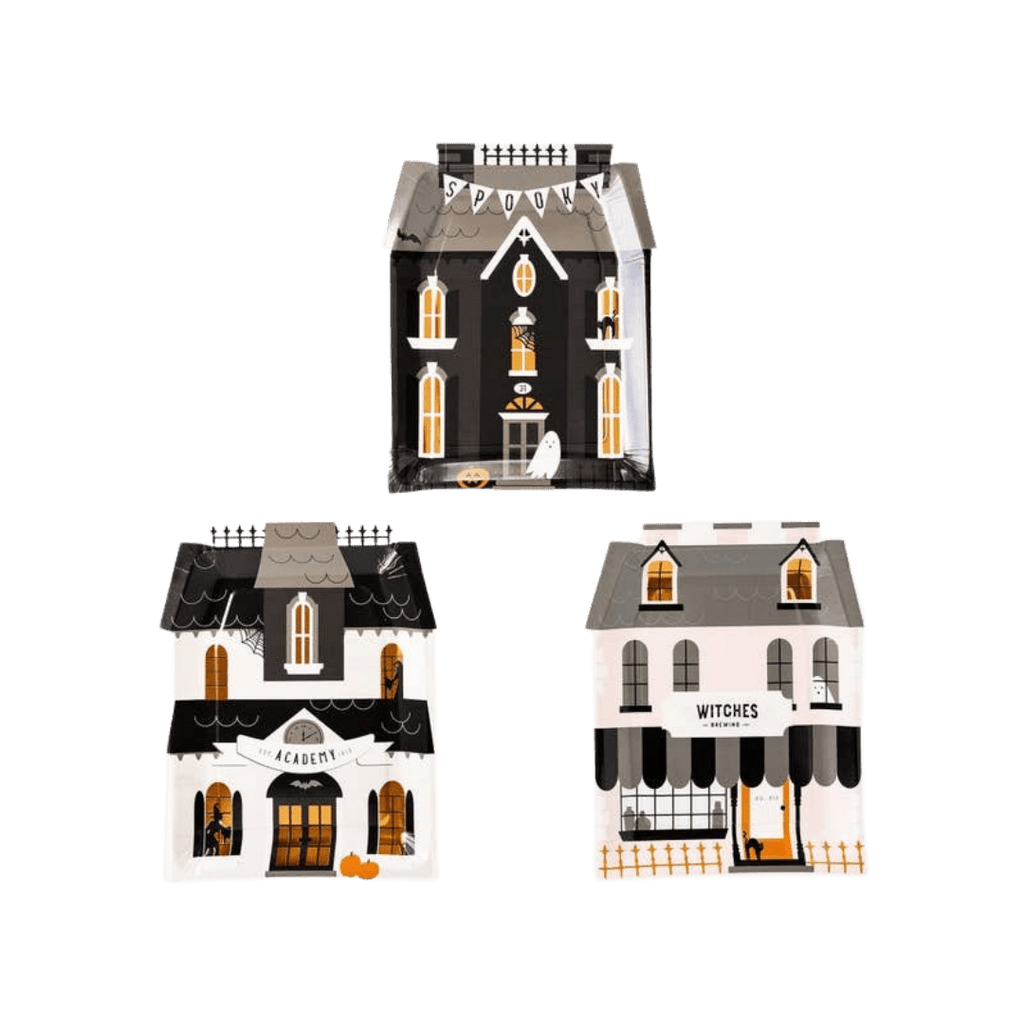 Black and white haunted house shaped Halloween plates spooky theme from Parte Haus party supply store in Bethesda Maryland
