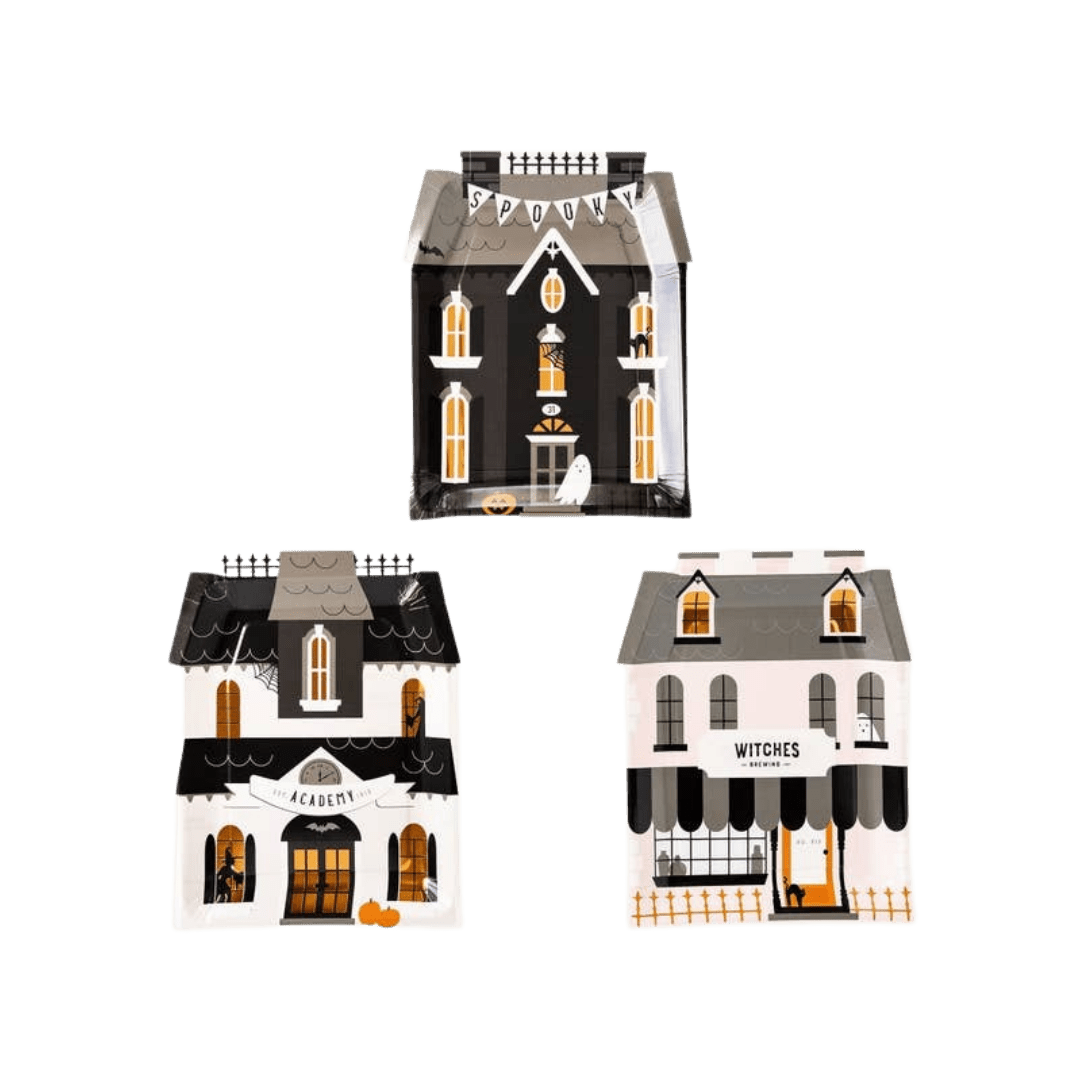 Black and white haunted house shaped Halloween plates spooky theme from Parte Haus party supply store in Bethesda Maryland