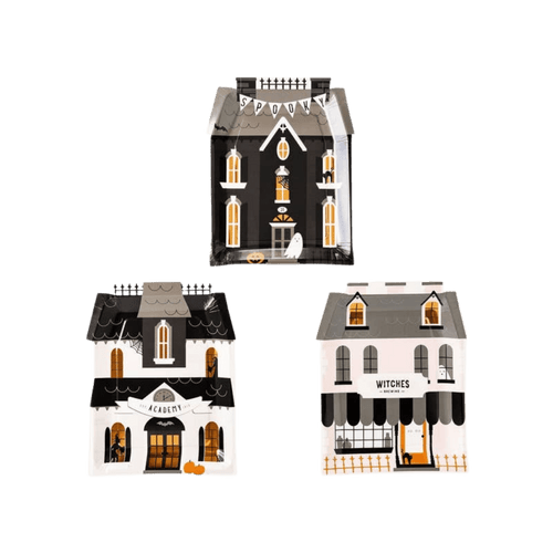 Black and white haunted house shaped Halloween plates spooky theme from Parte Haus party supply store in Bethesda Maryland