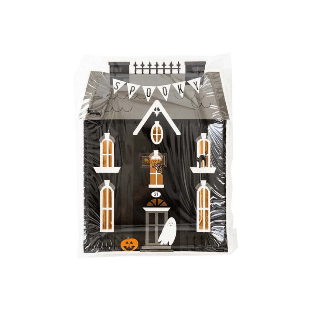 Black Halloween haunted house treat bag with ghost pumpkin and cat from Parte Haus party supply store in Bethesda MD