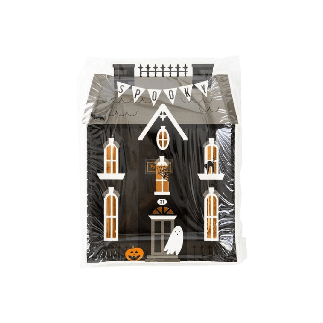 Black Halloween haunted house treat bag with ghost pumpkin and cat from Parte Haus party supply store in Bethesda MD
