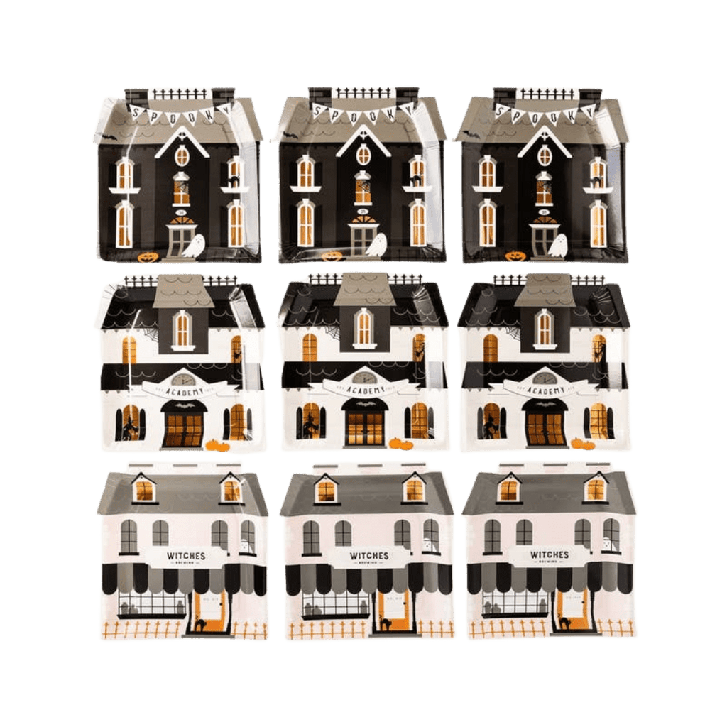 Black and white haunted house shaped plates Halloween theme from Parte Haus party supply store in Bethesda Maryland