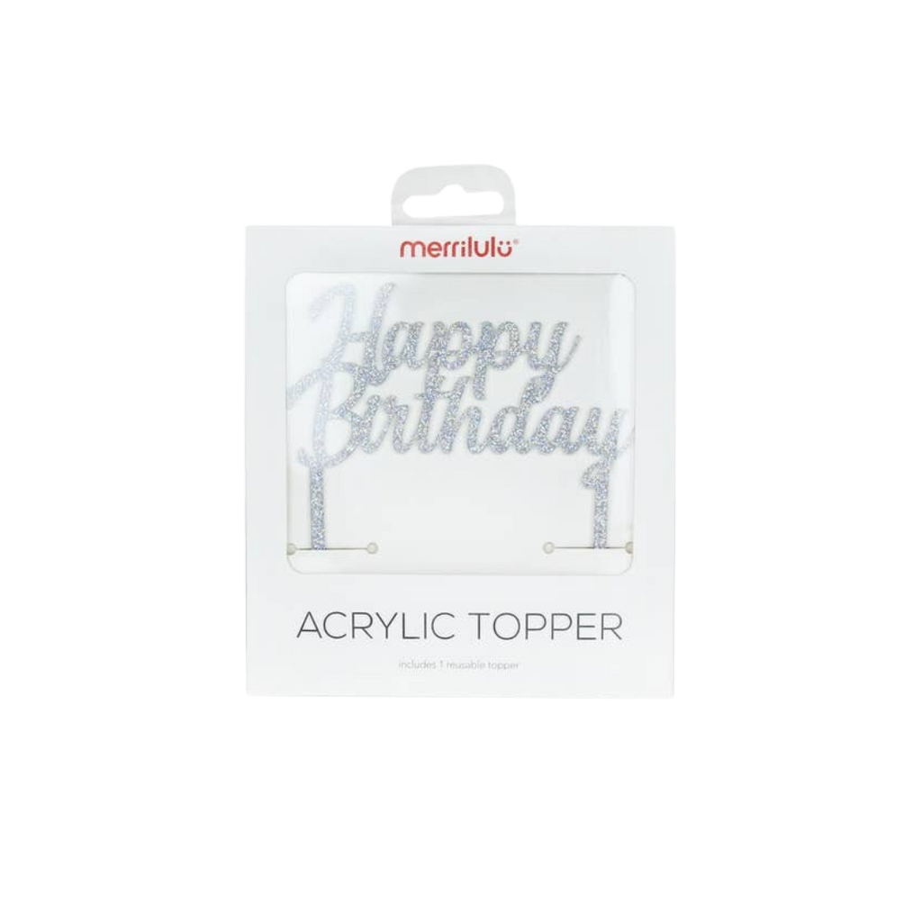 Silver acrylic Happy Birthday cake topper in packaging birthday theme from Parte Haus party supply store in Bethesda MD