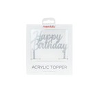 Silver acrylic Happy Birthday cake topper in packaging birthday theme from Parte Haus party supply store in Bethesda MD