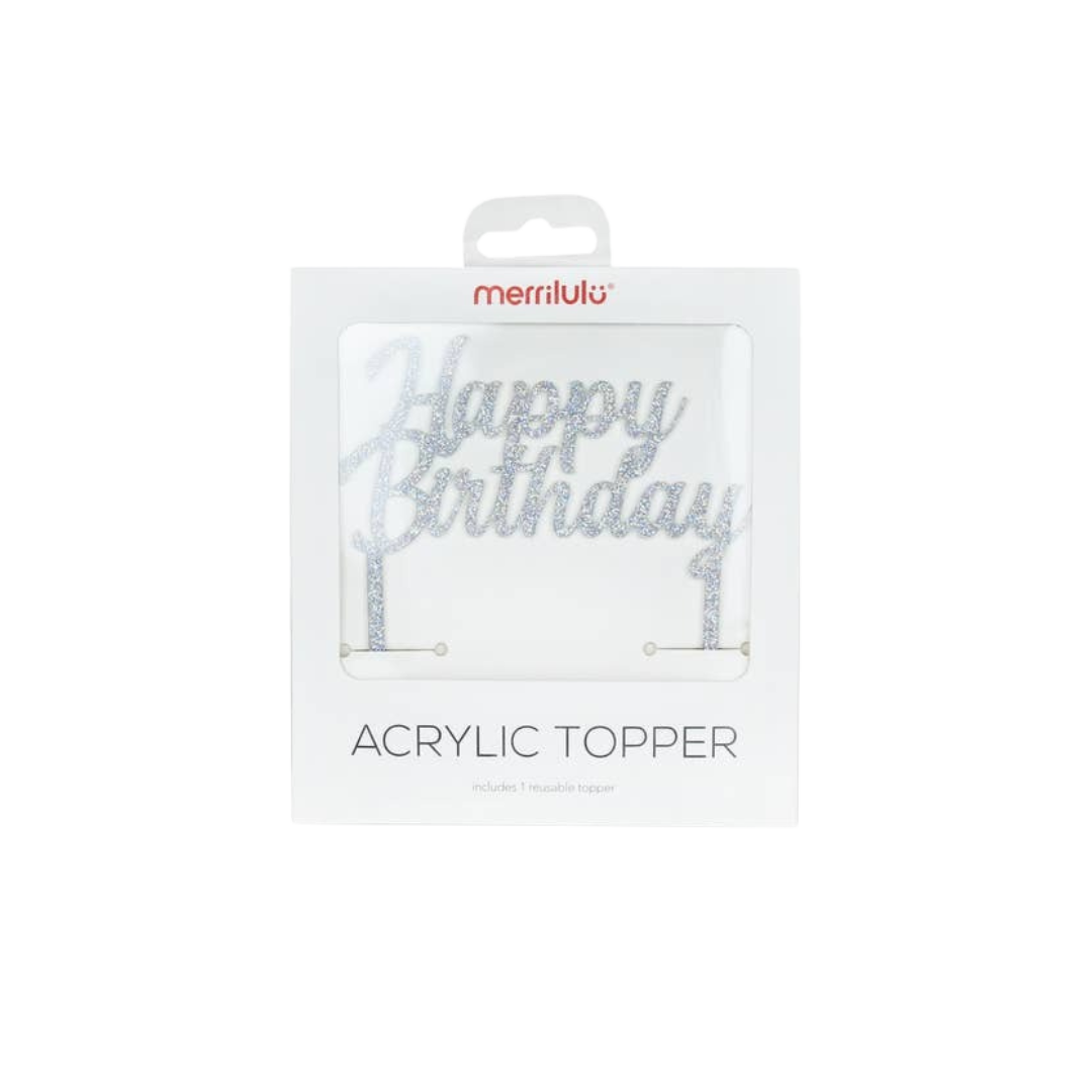 Silver acrylic Happy Birthday cake topper in packaging birthday theme from Parte Haus party supply store in Bethesda MD