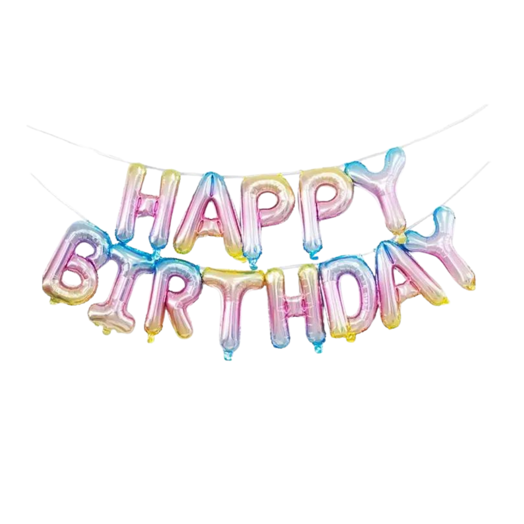 Gradient color balloon HAPPY BIRTHDAY banner birthday decor from Parte Haus party supply store in Bethesda MD