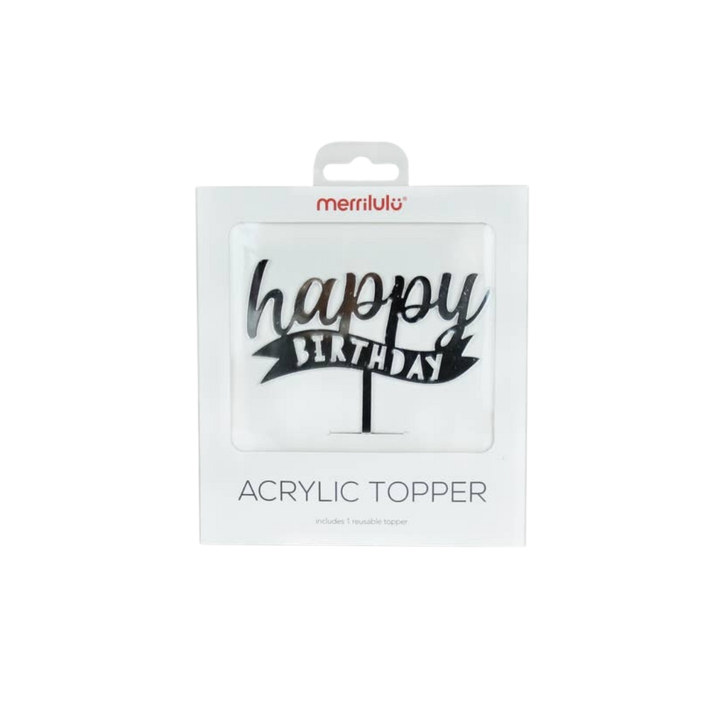 Silver acrylic happy birthday banner topper for birthday from Parte Haus party supply store in Bethesda MD