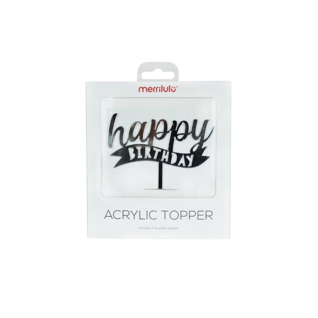 Silver acrylic happy birthday banner topper for birthday from Parte Haus party supply store in Bethesda MD